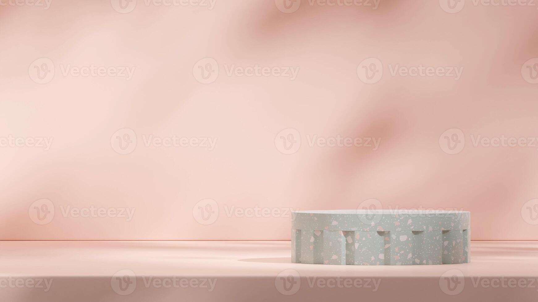 Minimal 3d rendering mockup empty scene of green terrazzo texture podium in landscape with tan wall photo