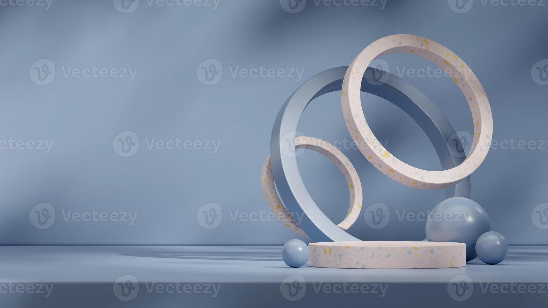 Geometrical shape backdrop and podium blue and terrazzo texture 3d rendering mockup in landscape photo
