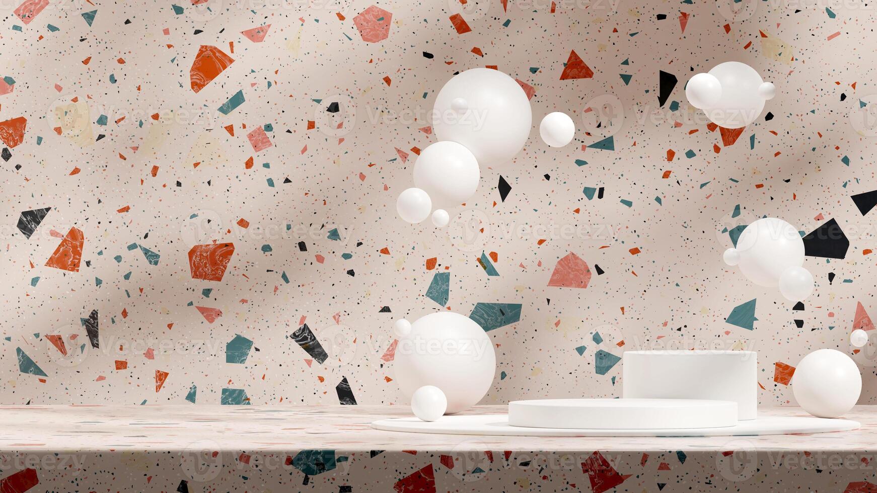 Mockup 3d rendering template of white podium in landscape with floating sphere and terrazzo wall photo