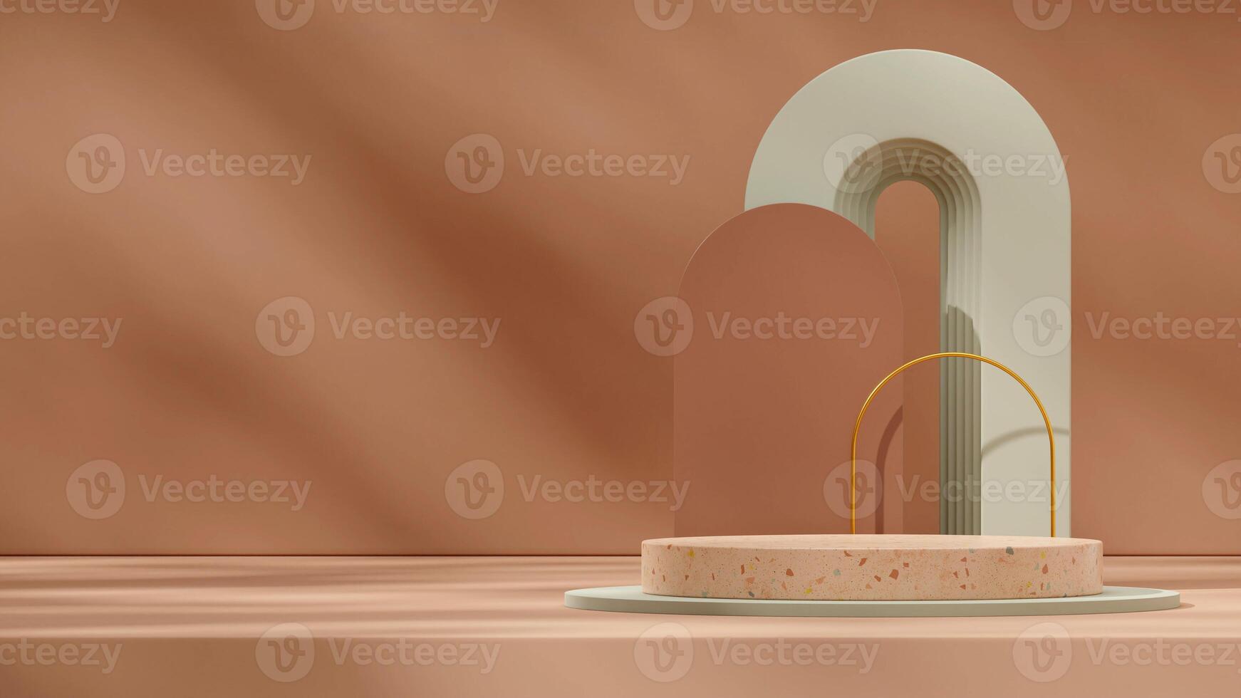 Landscape layout green and brown shape and arch 3d image render blank space terrazzo texture podium photo