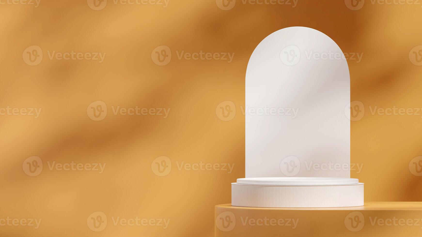 Bright yellow scene 3d rendering mockup of white podium and backdrop in landscape layout photo
