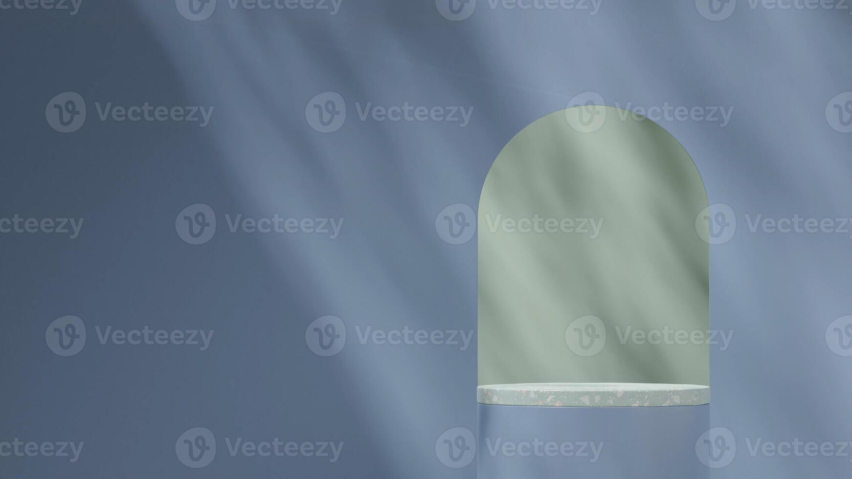 3d rendering mockup template of green terrazzo texture podium and blue painted wall in landscape photo