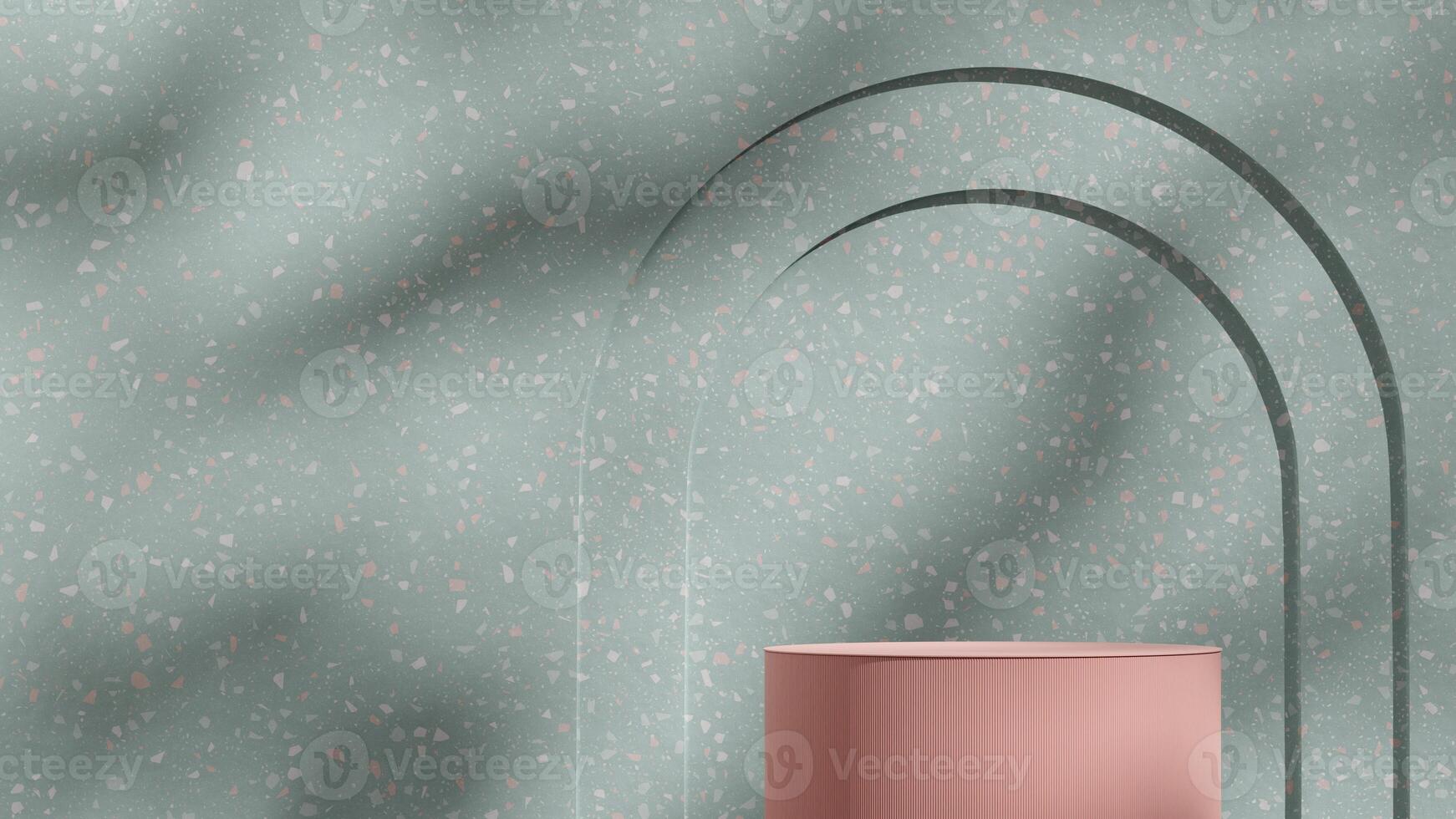 3d rendering mockup green terrazzo texture wall and pink empty podium in landscape with gobo light photo