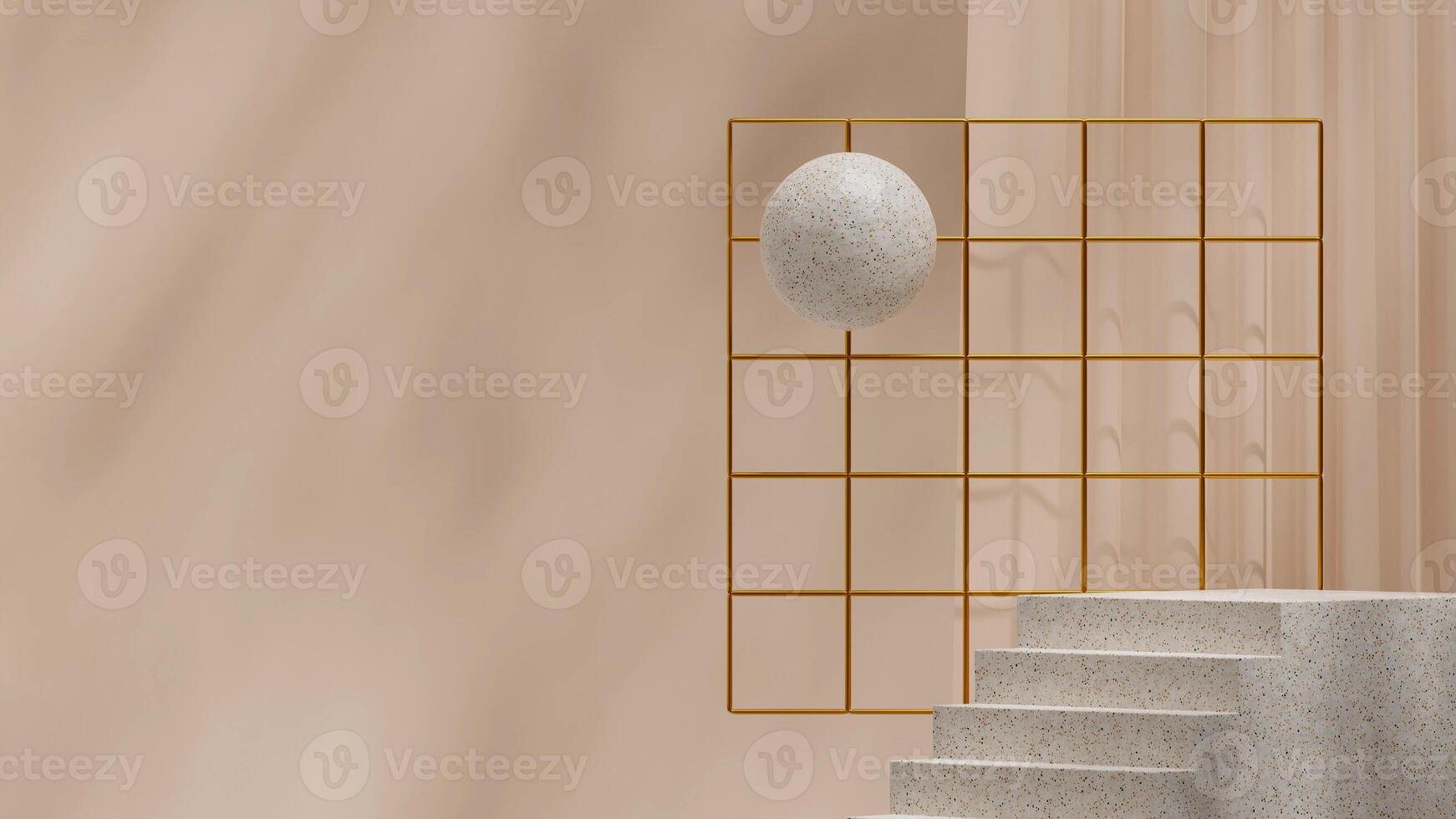 Geometric shape stair podium 3d rendering image mockup background in landscape with grid and sphere photo