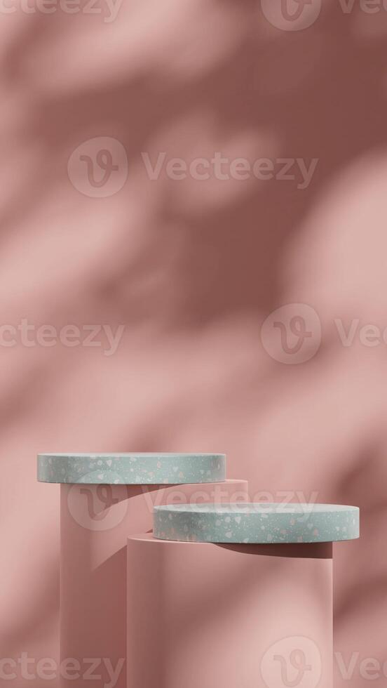 Bright empty scene 3d rendering mockup of green terrazzo texture podium and pink wall in portrait photo