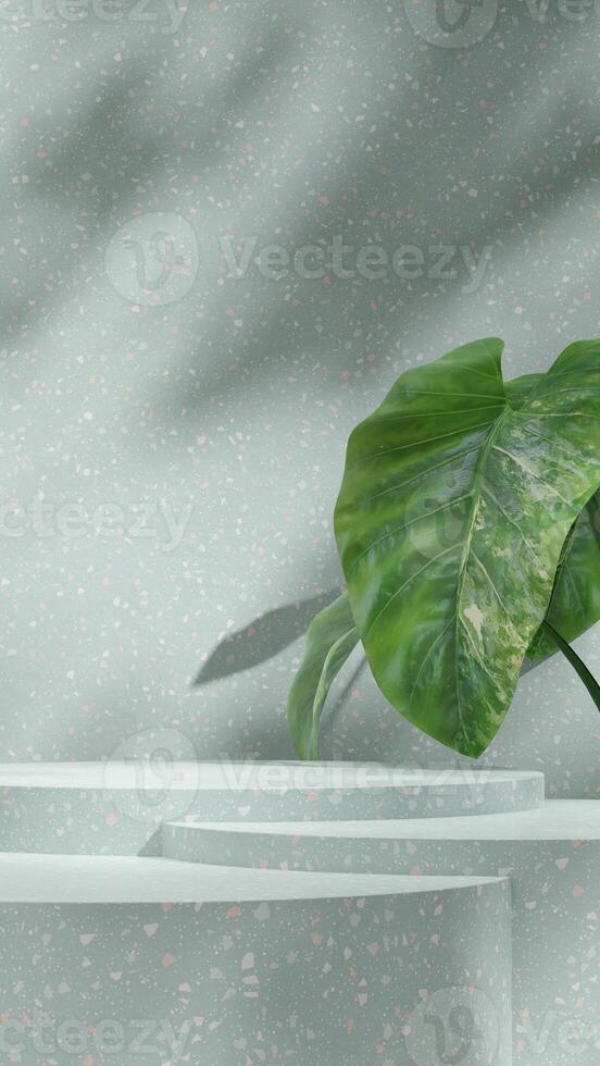 Natural alocasia plant 3d rendering mockup template of green terrazzo podium in portrait photo