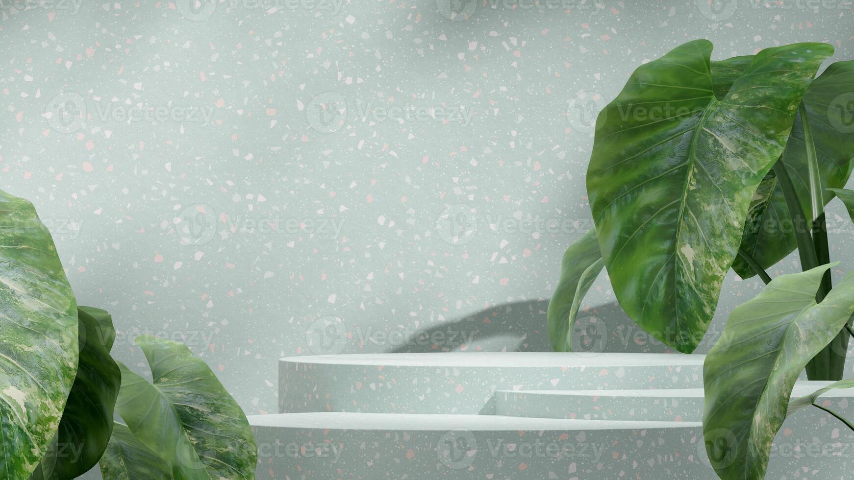 Natural alocasia plant 3d rendering mockup template of green terrazzo podium in landscape photo