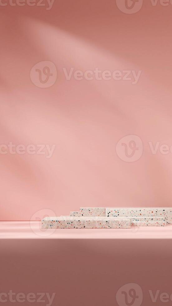 Minimal pink color scene of brown colorful terrazzo texture pattern podium 3d rendering in portrait photo