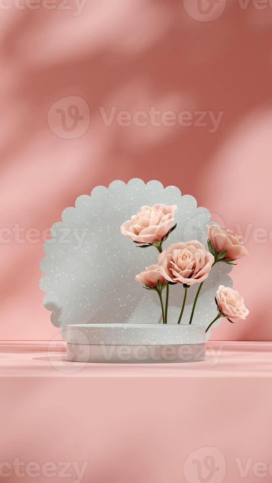 Pink rose background with green terrazzo texture backdrop podium in portrait 3d rendering mockup photo