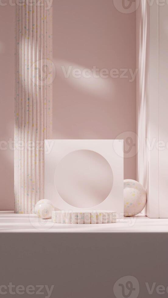 Full decoration pale pink terrazzo 3d rendering mockup scene in portrait with pillar and sphere photo