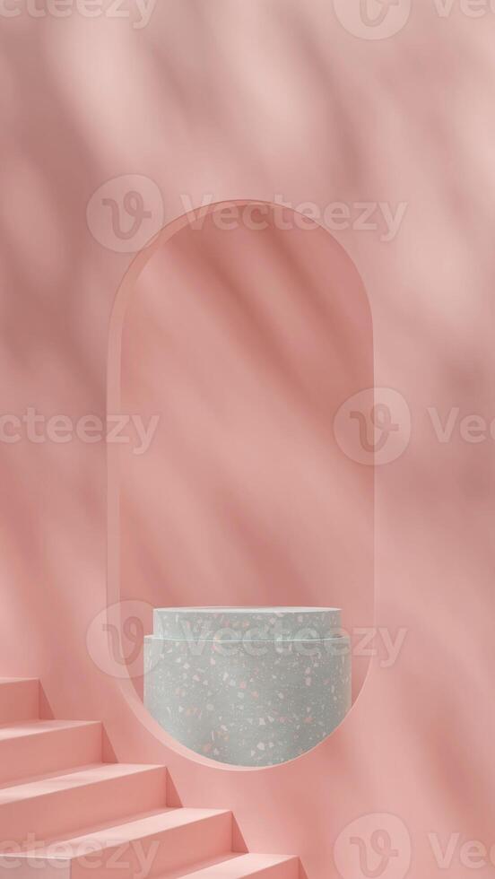 Full gobo light 3d rendering mockup scene of green terrazzo texture podium in portrait with arch photo