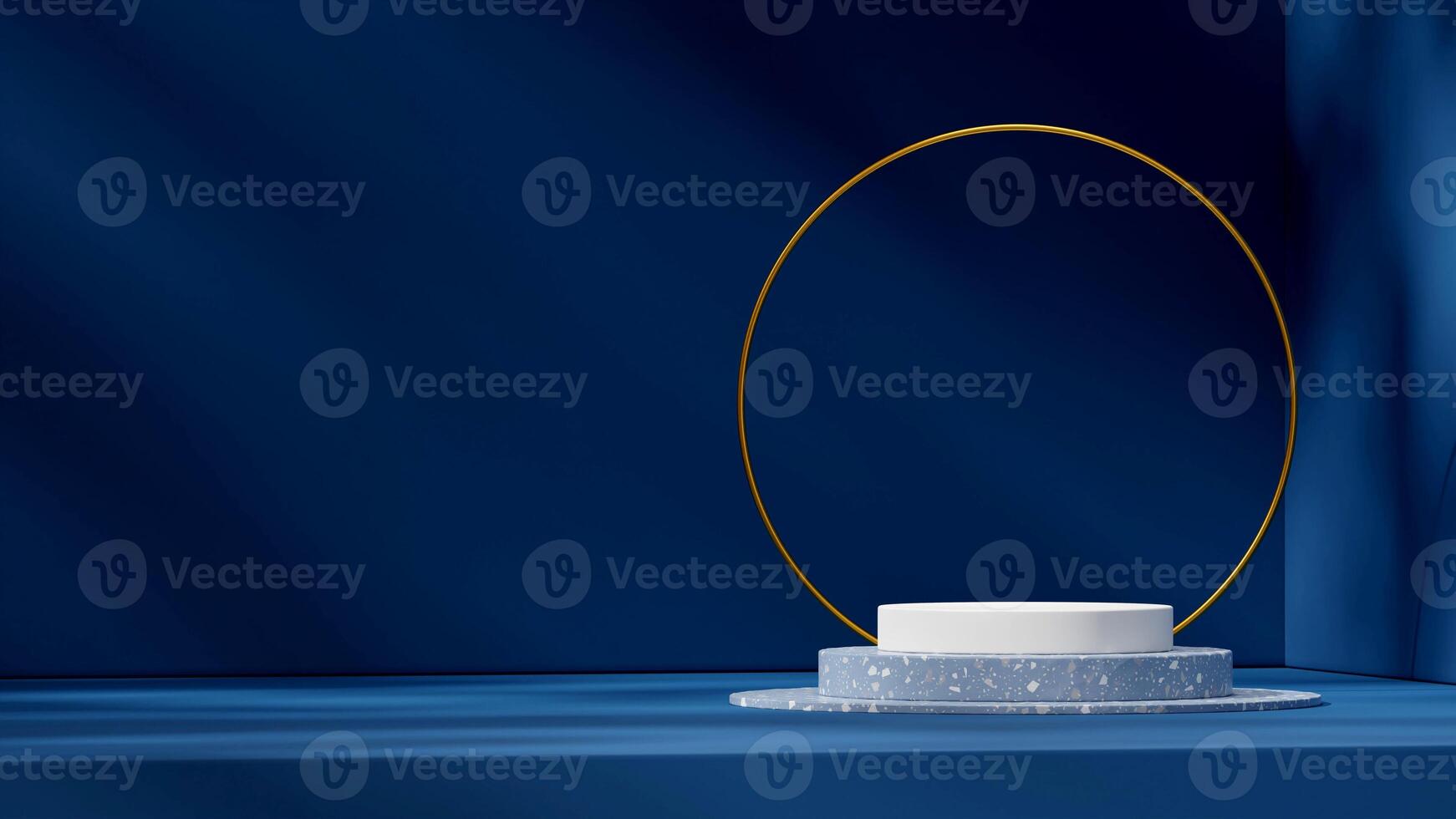 Blue terrazzo texture and white podium 3d rendering mockup in landscape with gold ring background photo