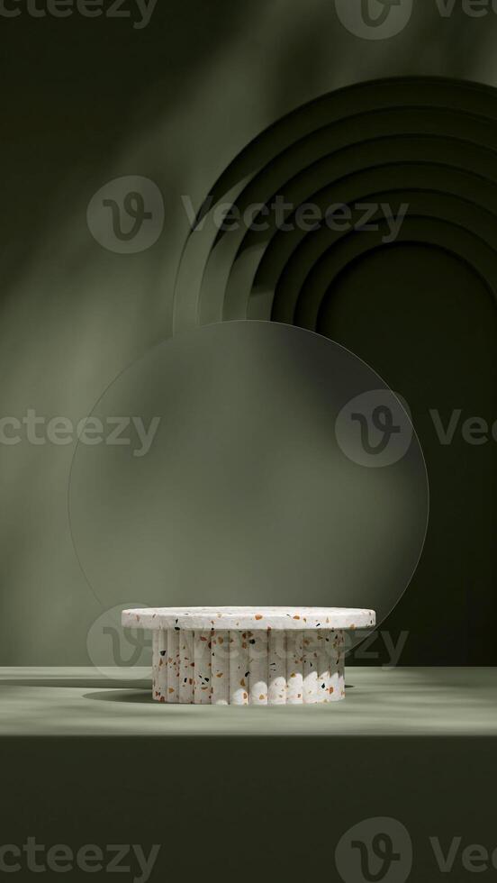 3d rendering mockup natural style terrazzo texture podium in portrait with glass and green wall photo