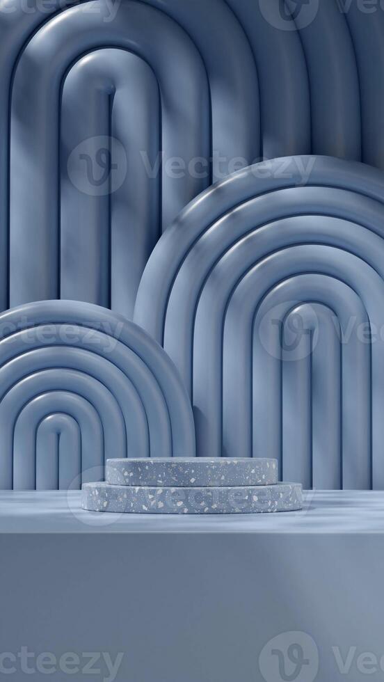 3d mockup rendering image of terrazzo texture podium in portrait with blue boho rainbow background photo
