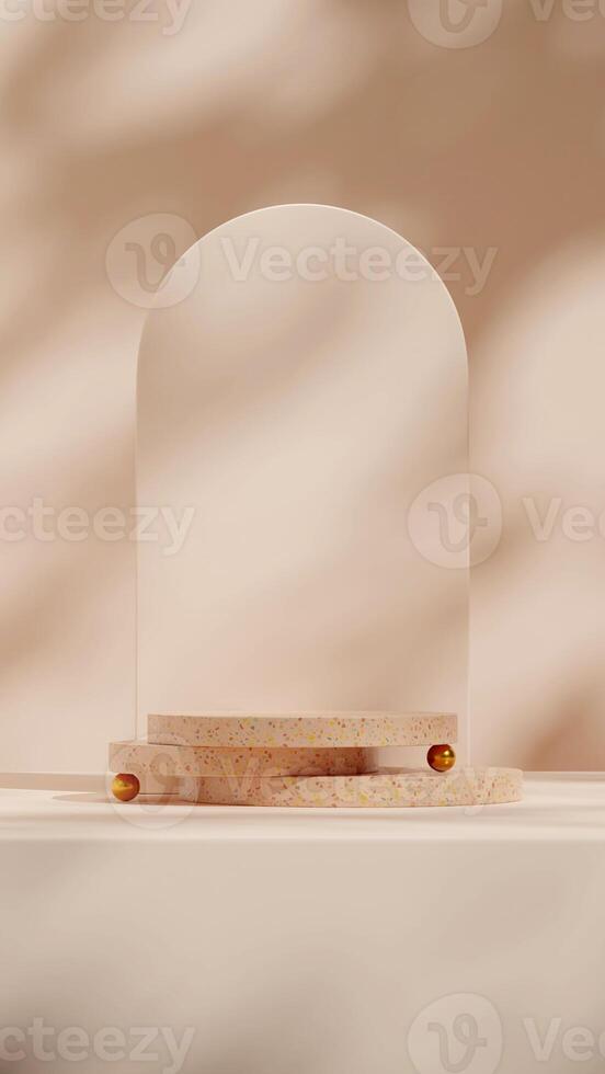 Beautiful portrait layout 3d rendering mockup of brown terrazzo texture podium with gold sphere photo