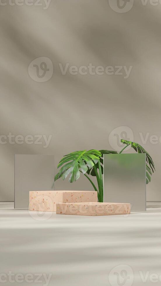 Scene mockup of brown terrazzo texture podium in portrait with frosted glass and monstera 3d render photo