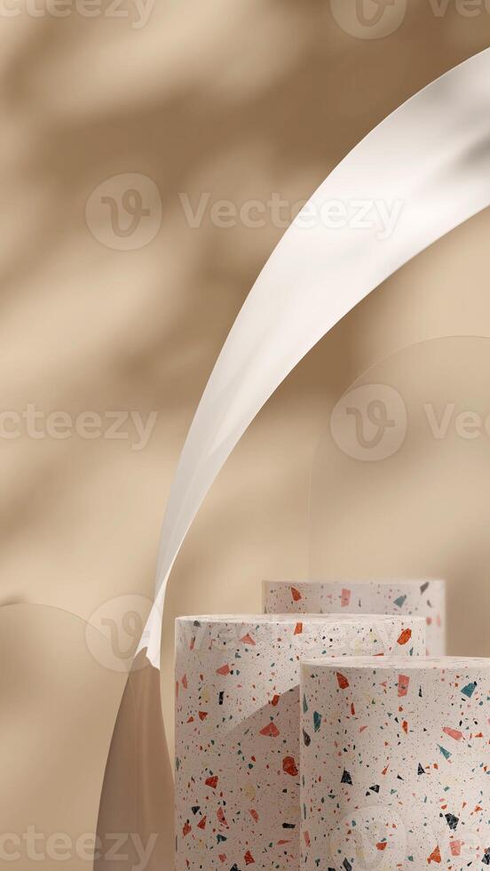 Portrait layout of white cloth and light brown wall 3d render blank space terrazzo texture podium photo