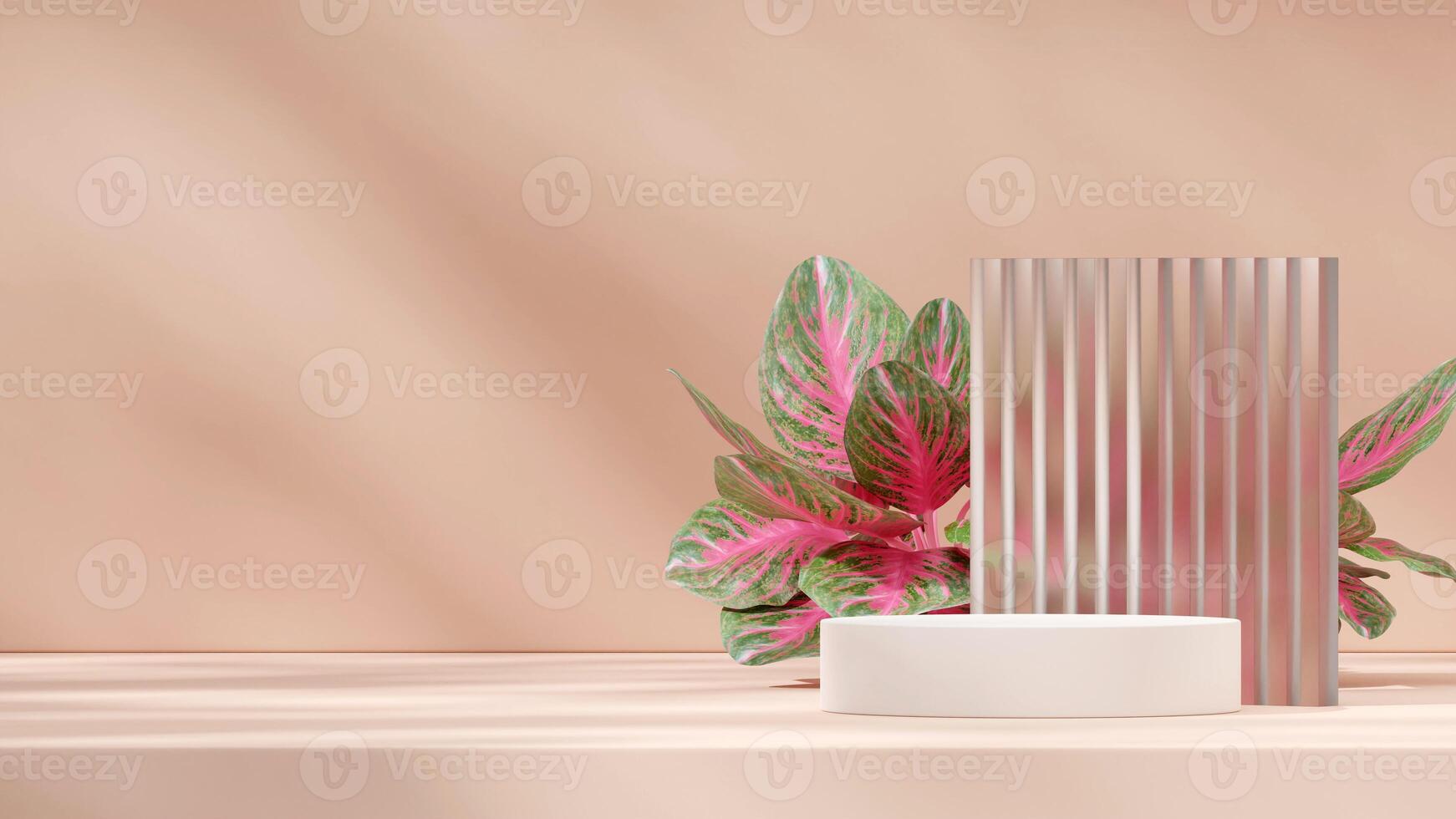 frosted glass and red chinese evergreen 3D image render blank space white round podium in landscape photo