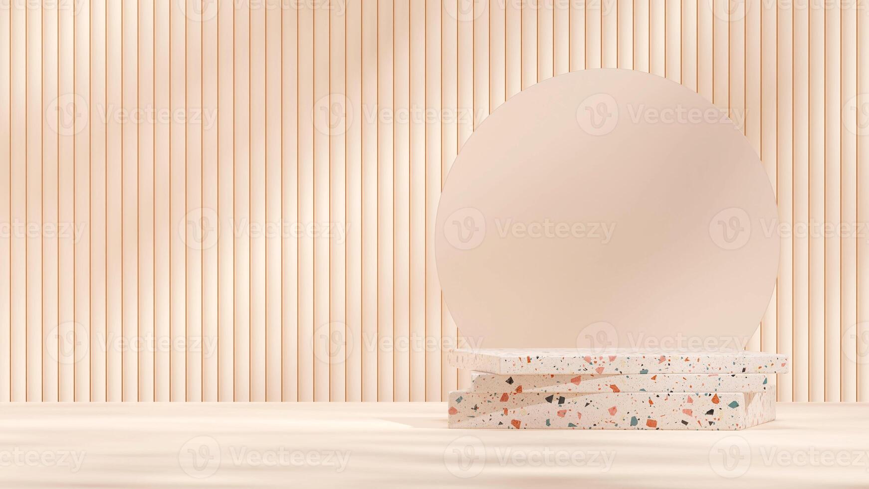 3d rendering terrazzo texture podium in landscape with blurred glass and geometric shape wall photo