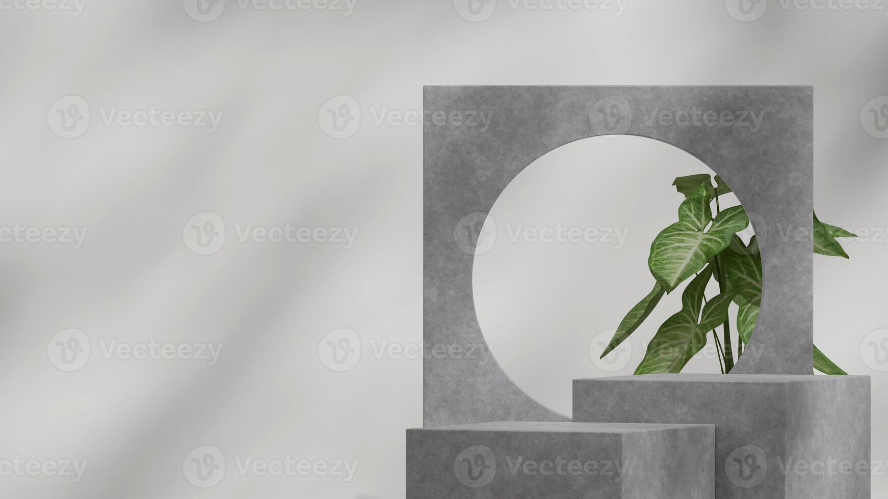3d rendering mockup scene concrete texture style podium in landscape with green house plant photo