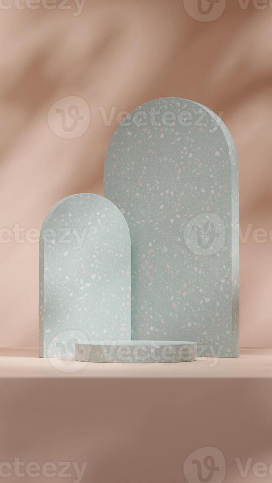3d rendering mockup template of green terrazzo texture podium in portrait with arch backdrop photo