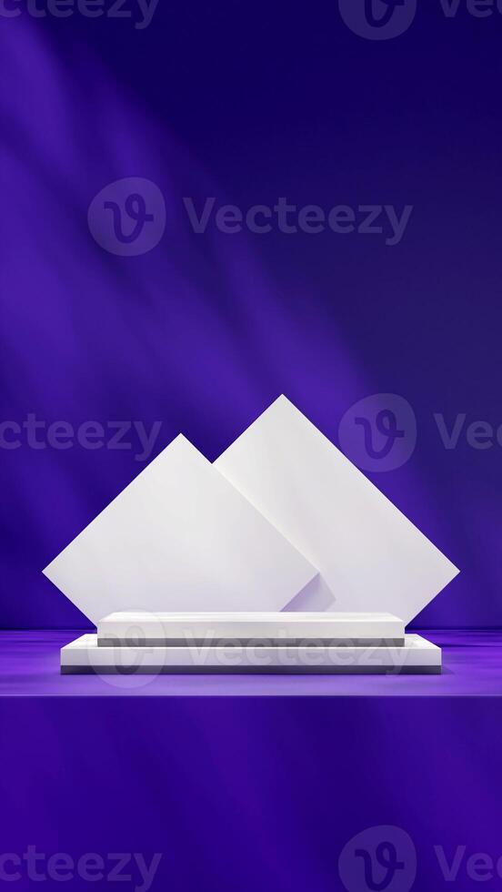3d rendering mockup scene white color block podium in portrait with purple wall background photo