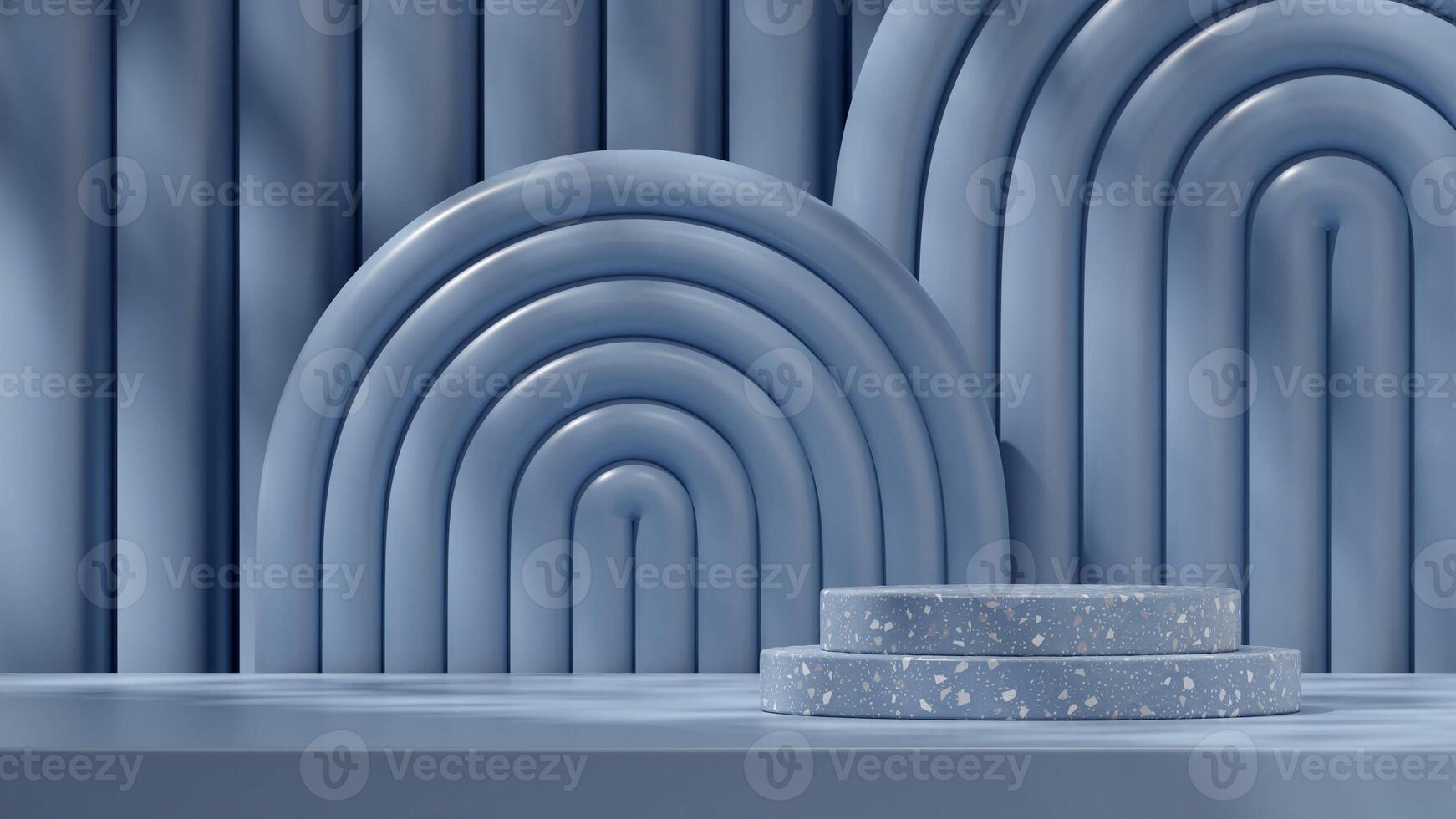 3d mockup rendering image of terrazzo texture podium in landscape with blue boho rainbow background photo