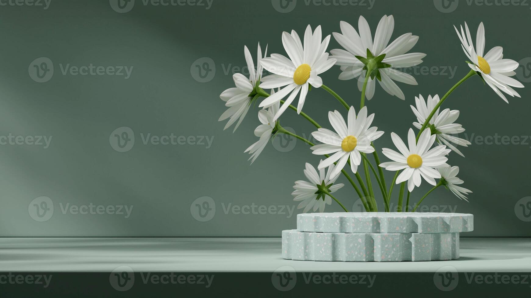 Landscape layout 3d rendering mockup image of green terrazzo podium with daisy flower background photo
