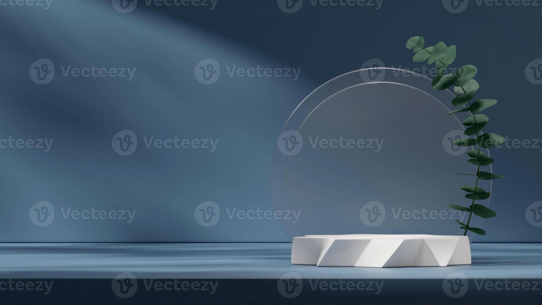 Frosted glass and green leaf 3d rendering mockup scene of white cylinder podium in landscape photo