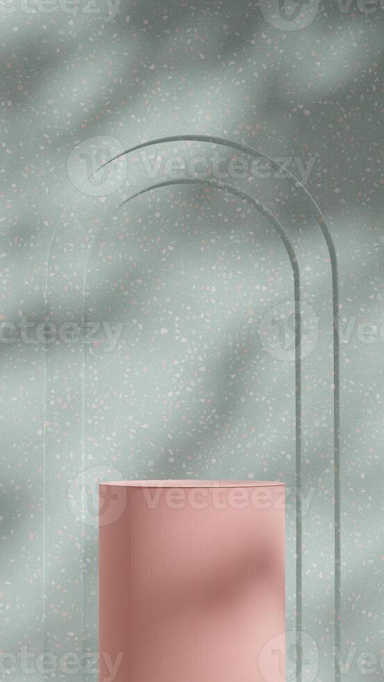 3d rendering mockup green terrazzo texture wall and pink empty podium in portrait with gobo light photo