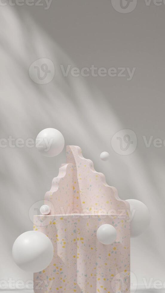 Dim light 3d rendering mockup empty scene in portrait with pink terrazzo texture and floating ball photo
