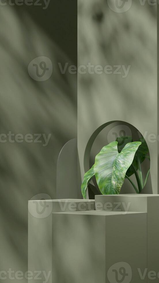 Green monochrome 3d rendering mockup of podium block for product in portrait with alocasia plant photo