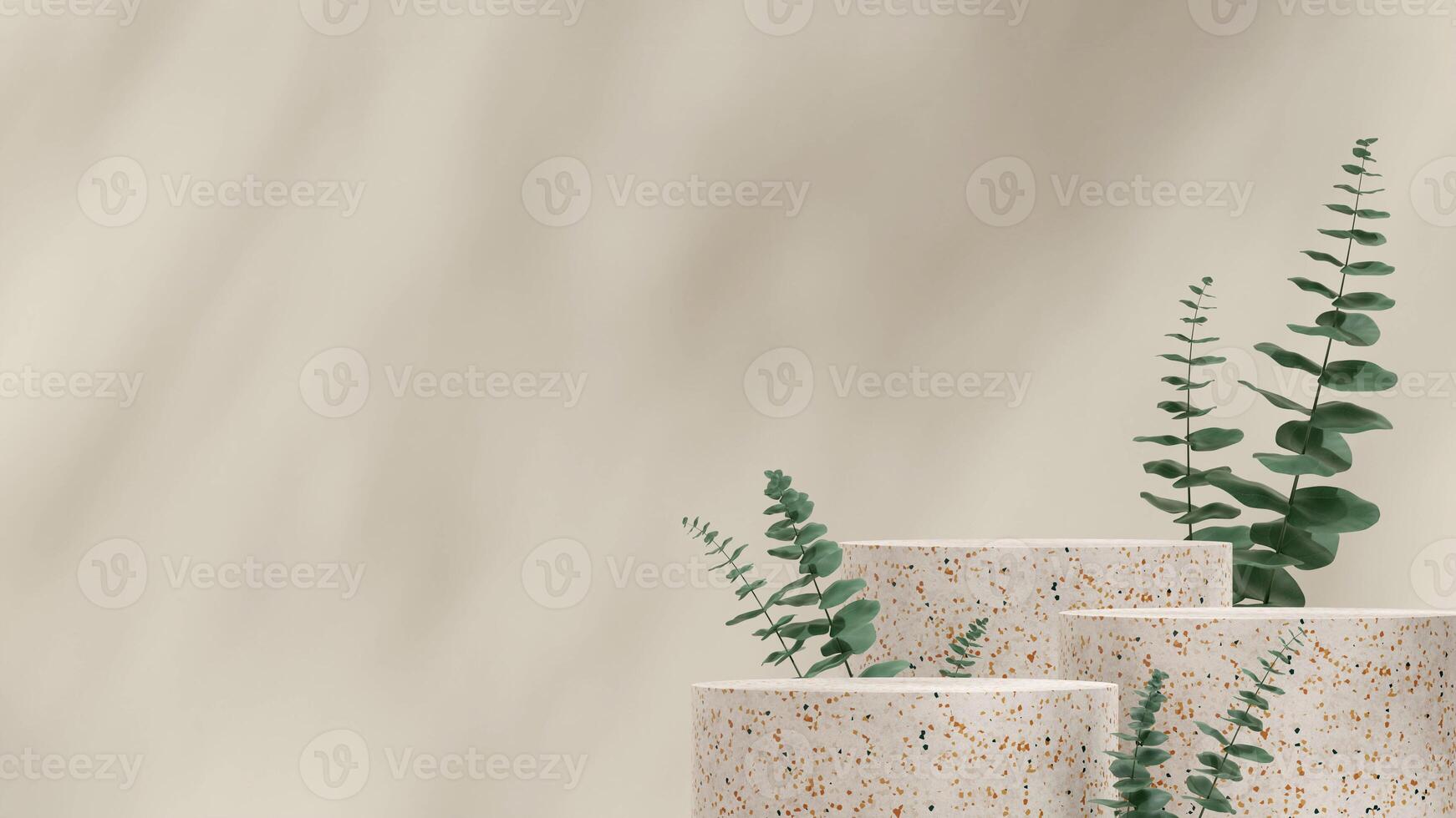 Landscape layout eucalyptus leaf and cream wall 3d rendering scene mockup of terrazzo texture podium photo