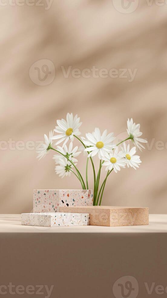 Terrazzo texture block podium 3d rendering mockup in portrait with white daisy flower photo