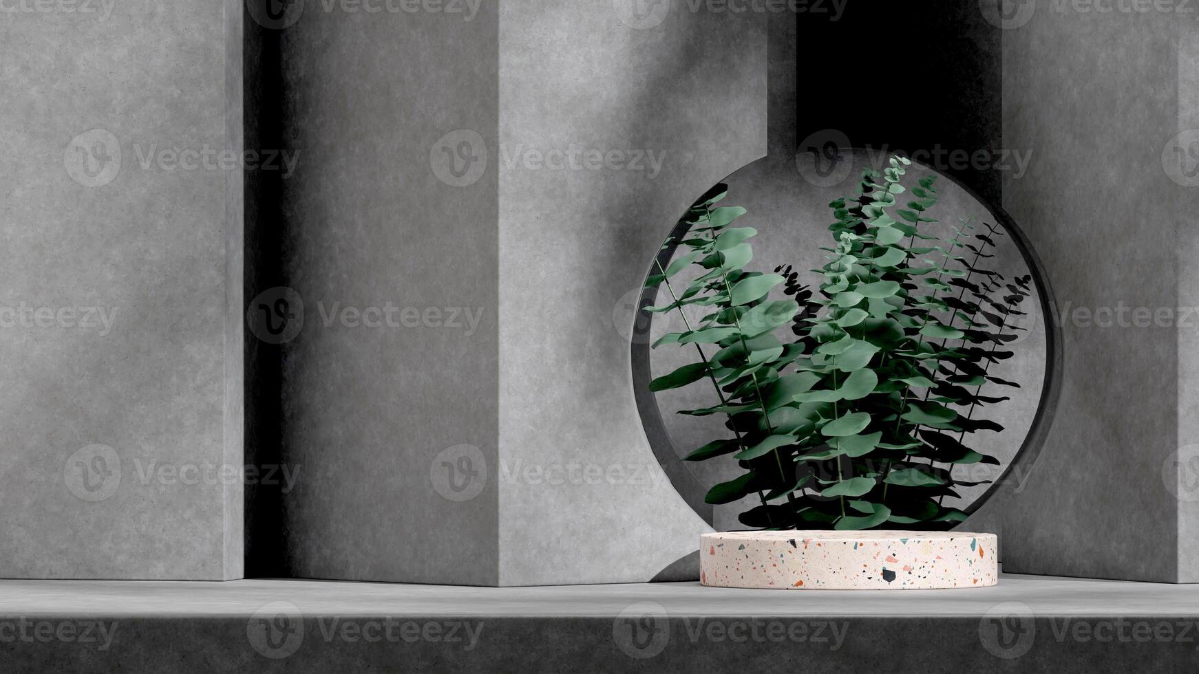 Bright 3d rendering empty scene of terrazzo texture podium in landscape with concrete and leaves photo
