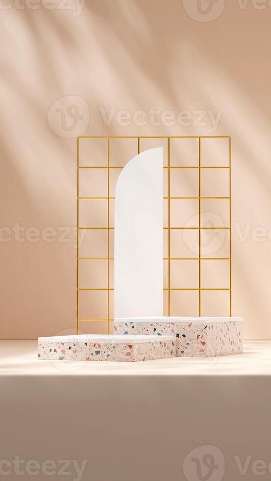 3d rendering white and terrazzo texture podium mockup template in portrait with gold grid photo