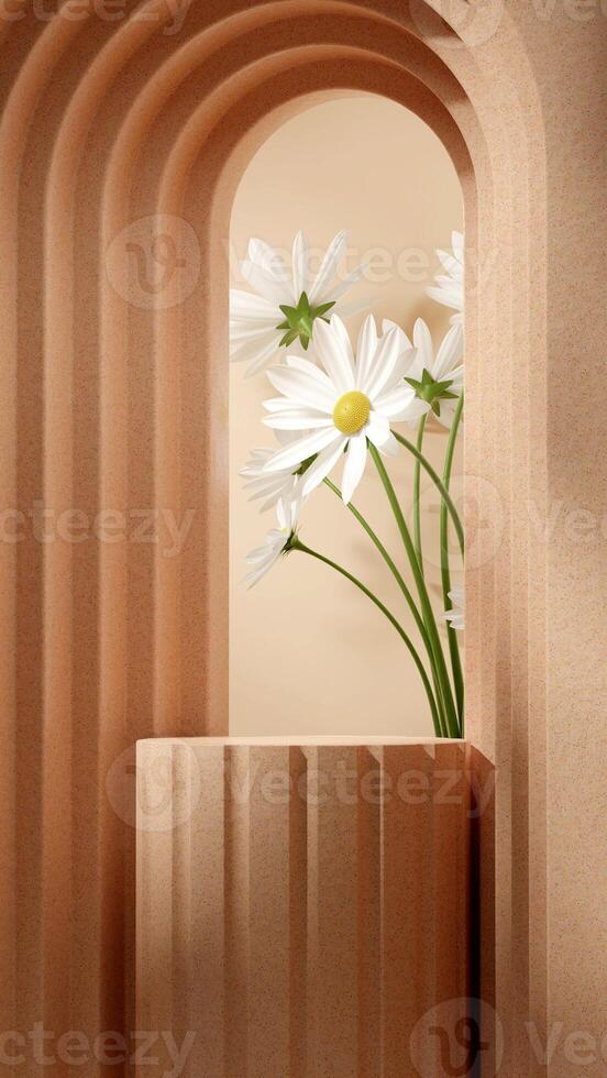 3d rendering mockup template brown color terrazzo texture podium in portrait with daisy and arch photo