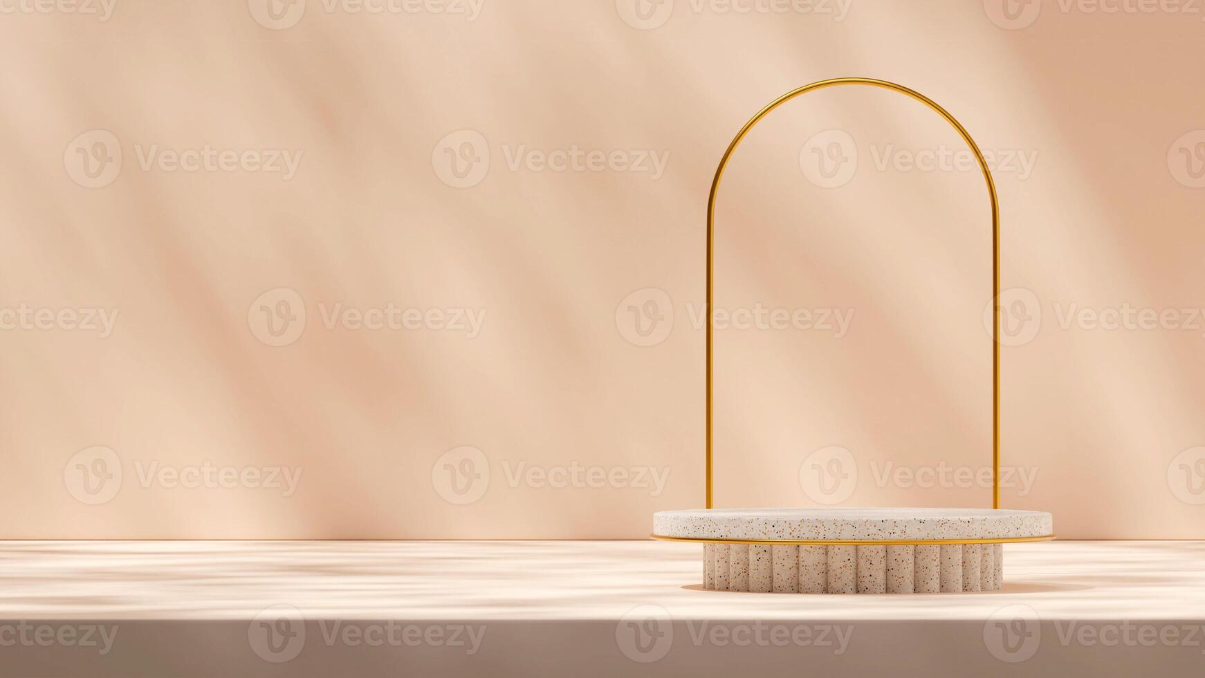 Geometrical shape podium terrazzo texture with gold arch backdrop 3d rendering mockup in landscape photo