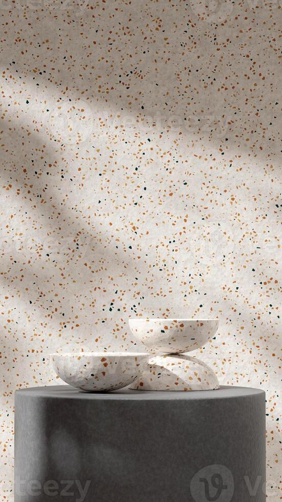 Full terrazzo and concrete texture 3d rendering mockup scene podium product placement in portrait photo