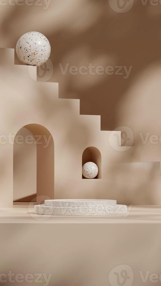 Terrazzo texture podium 3d render mockup template in portrait with brown arch stairs and sphere photo