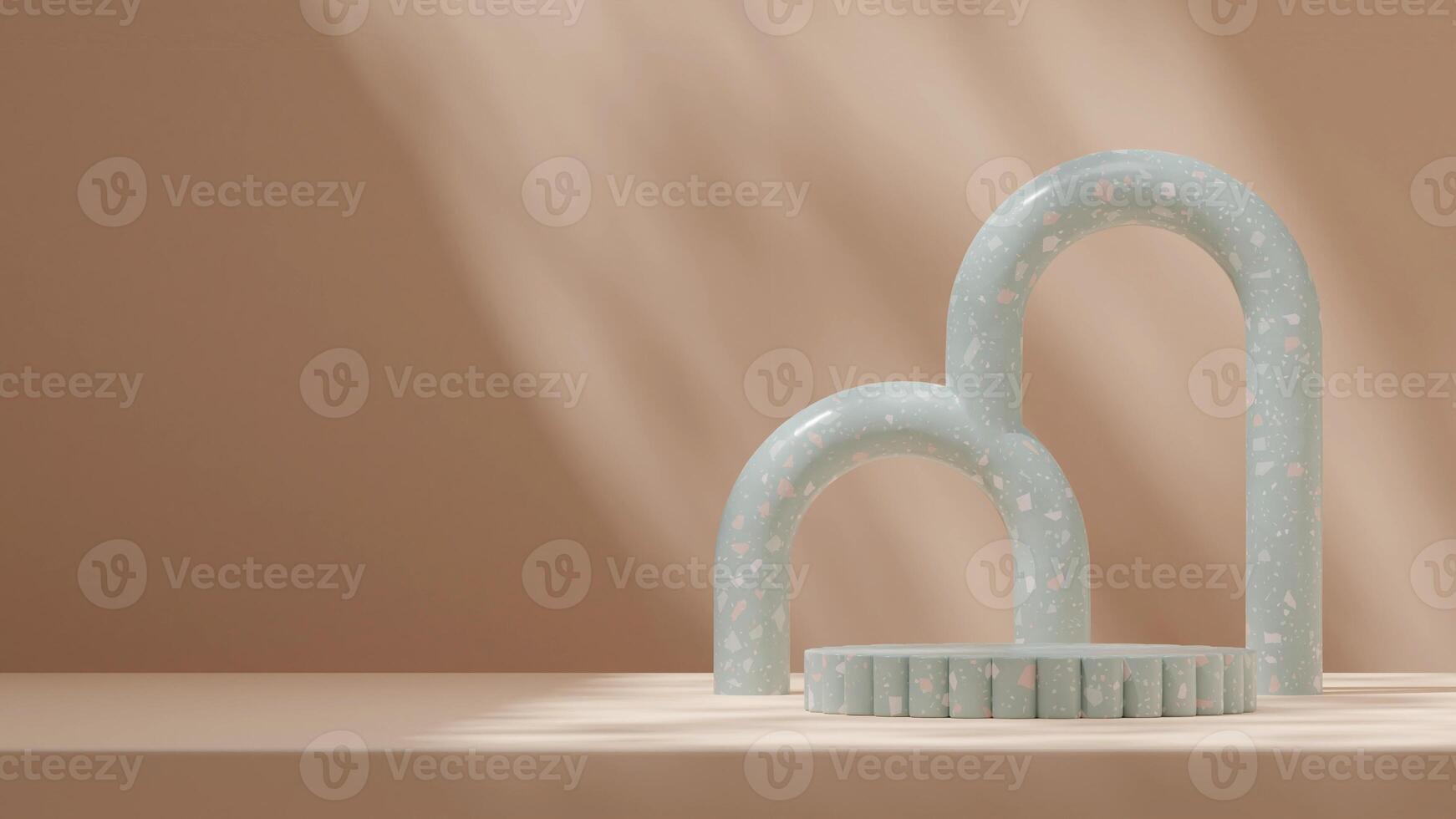 3d rendering mockup template of empty space green terrazzo texture podium in landscape with arches photo