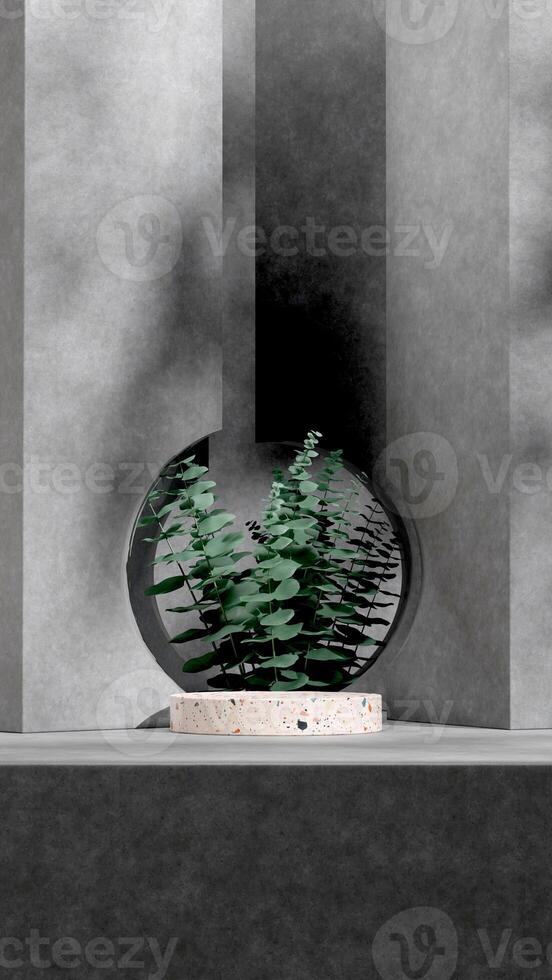 Bright 3d rendering empty scene of terrazzo texture podium in portrait with concrete and leaves photo