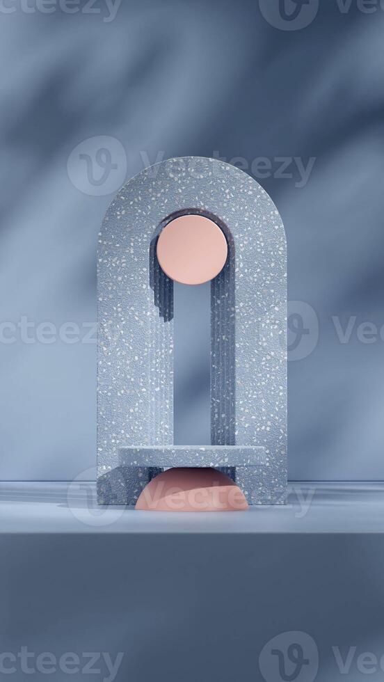 Colorful geometrical shape 3d rendering image mockup of blue terrazzo podium in portrait layout photo
