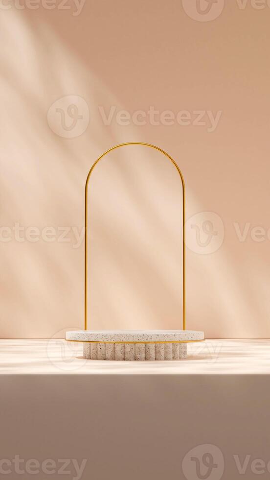 Geometrical shape podium terrazzo texture with gold arch backdrop 3d rendering mockup in portrait photo