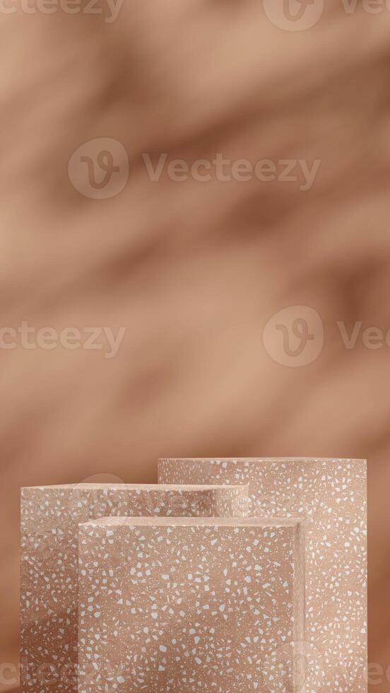 Brown terrazzo podium 3d rendering model mockup in portrait layout with gobo light background photo