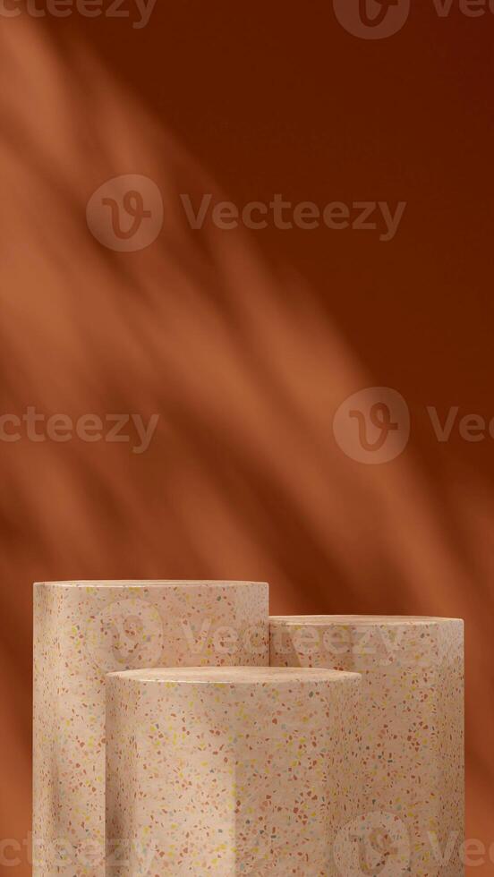 3d rendering mockup template of brown terrazzo podium in portrait with gobo light background photo