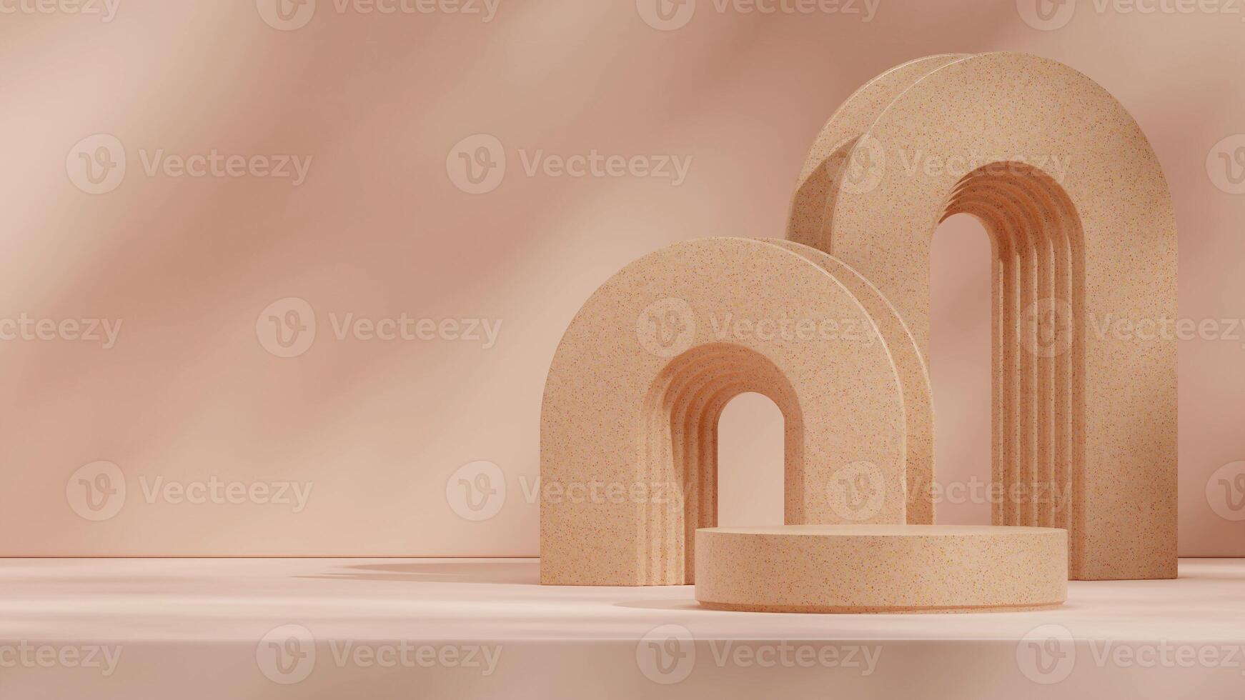 Orange color terrazzo texture 3d rendering mockup template of round podium in landscape with arch photo