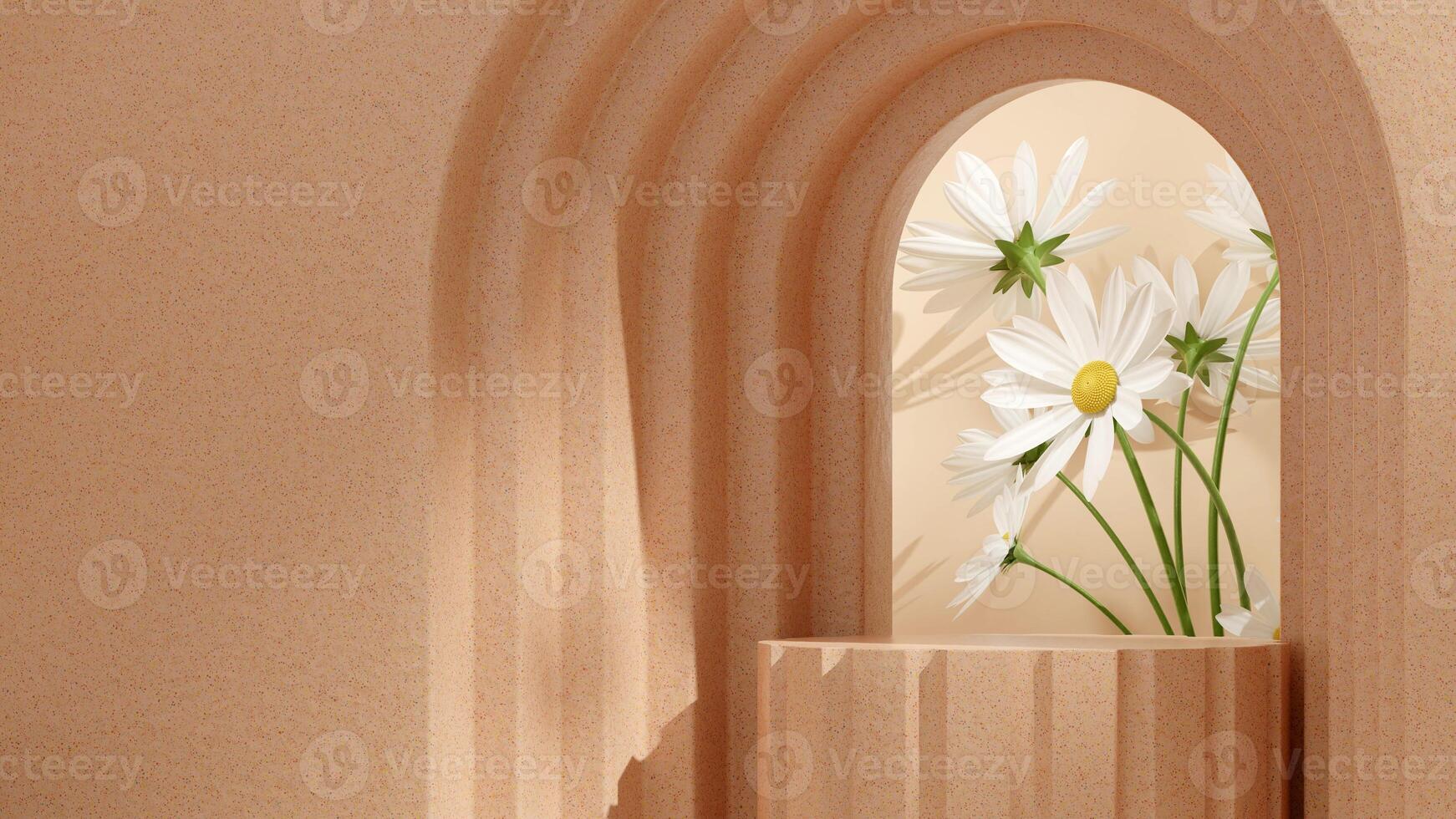 3d rendering mockup template brown color terrazzo texture podium in landscape with daisy and arch photo