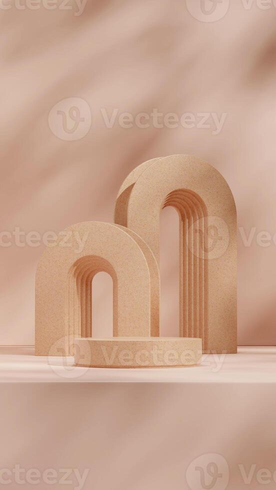 Orange color terrazzo texture 3d rendering mockup template of round podium in portrait with arch photo