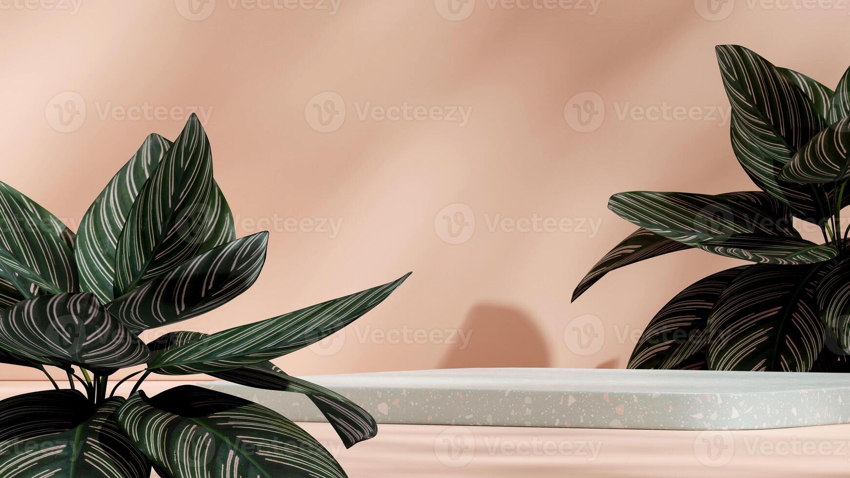 3d rendering mockup scene green terrazzo podium in landscape with pink stripe caladium photo
